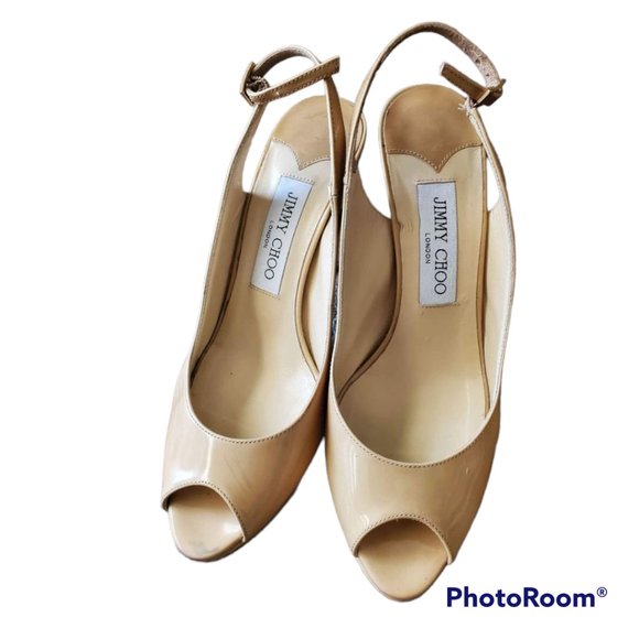 Jimmy Choo Shoes - JIMMY CHOO 'NOVA' NUDE PATENT PEEP-TOE SLING BACK HIGH HEEL W/ PLATFORM SZ 7.5